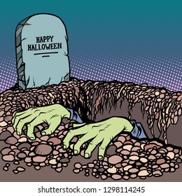 zombie hands happy Halloween grave. Comic cartoon pop art retro vector illustration hand drawing