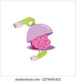 Zombie hands hold a silver dish with brains. Scary Halloween  food. Illustration of scary food for  zombies.  Dish for Halloween, weird food.