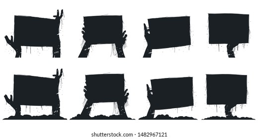 Zombie hands holding board black silhouette vector icons set isolated on a white background.