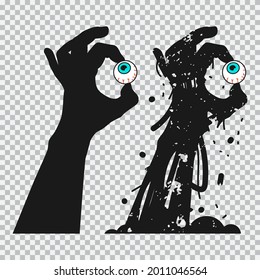 Zombie hands holding eyes vector black silhouettes set isolated on a transparent background.