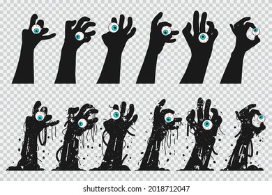 Zombie hands holding eyes vector silhouettes set isolated on a transparent background.