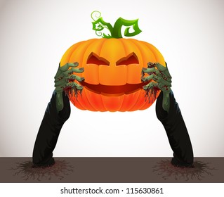 zombie hands holding jack o lantern