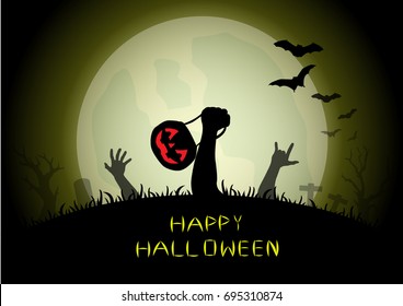 Zombie hands holding pumpkin basket and love sign rising out from the grave in the Halloween night illustration.