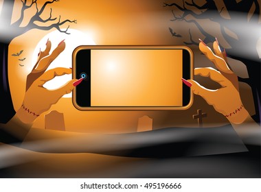 Zombie hands holding a smartphone with copy space. EPS 10 vector.