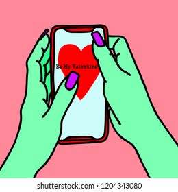Zombie hands with long nails holding smartphone. Woman with green hands texting sketch. Girl sends Valentine messages. Vector illustration.