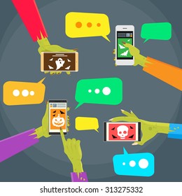 Zombie Hands Mobile Cell Smart Phone Call Flat Vector Illustration