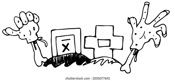 Zombie hands near graves in doodle style on a white background. Raised Dead for Halloween Cards