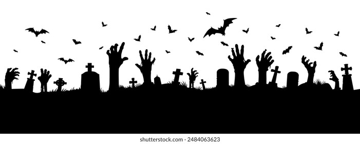 Zombie hands on cemetery silhouette, Halloween holiday and horror night vector background. Dead and undead zombie hands reaching out of graves with tombstones on graveyard and flying bats silhouettes