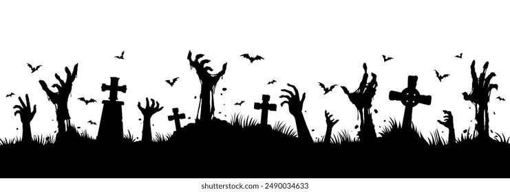 Zombie hands on cemetery silhouette. Vector scary and creepy graveyard landscape with monster arms stick up from the tombs, flying bats, black necropolis with undead creatures on white background