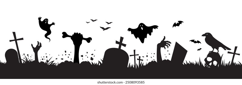 Zombie hands on cemetery silhouette. Terrible hands from the grave, the man's hand is holding bone. Raven perches on skull. Creepy Halloween background with dead people, flying ghosts and bats.