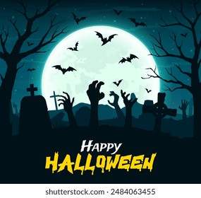 Manos zombis en el paisaje del cementerio nocturno de Halloween. Fondo de horror de Halloween feliz, vacaciones de temporada de otoño o cartel de Vector de la fiesta de octubre con manos muertas vivas levantándose desde el subsuelo en el cementerio