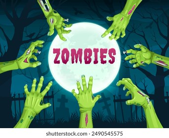 Zombie hands on midnight Halloween cemetery. Vector banner with green arms emerge from graves in spooky graveyard, their decaying fingers reaching for the living, creating an eerie and chilling scene