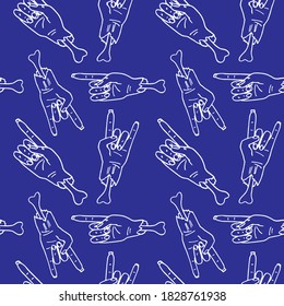 Zombie hands on navy blue backdrop. Halloween seamless pattern for wallpaper, wrap paper, sleeper, bath tile, apparel or bed linen Phone case or cloth print. Doodle style stock vector illustration
