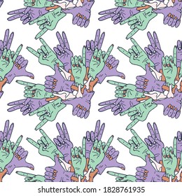 Zombie hands on white backdrop. Halloween seamless pattern for wallpaper, wrap paper, sleeper, bath tile, apparel or bed linen Phone case or cloth print. Doodle style stock vector illustration