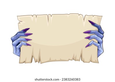 Zombie hands with plank. Place for text. Spooky and creepy character with manuscript. Symbol of Halloween. Social media sticker. Cartoon flat vector illustration isolated on white background