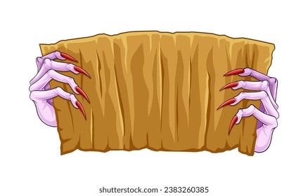 Zombie hands with plank. Place for text. Spooky and creepy character with list. Imagination and fanatsy. Graphic element for website. Cartoon flat vector illustration isolated on white background