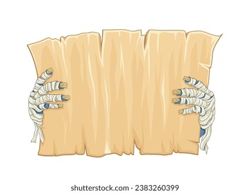 Zombie hands with plank. Place for text. Spooky and creepy character with manuscript. Holiday of fear and holiday. Poster or banner. Cartoon flat vector illustration isolated on white background