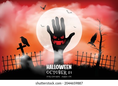 Zombie hands rising in dark Halloween night.