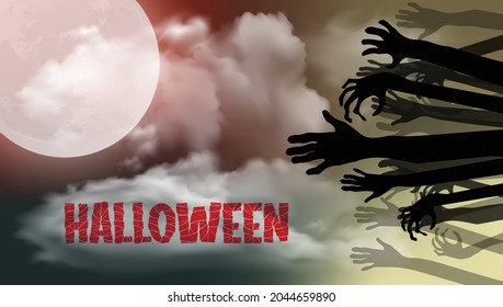 Zombie hands rising in dark Halloween night.