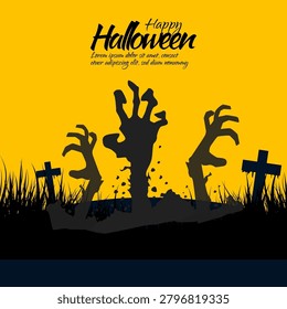 Zombie Hands Rising from Graves Silhouette on Yellow Background for Happy Halloween Card Design