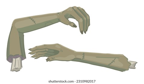 Zombie Hände setzen, spuke Doodles. Halloween Vektorgrafik im Cartoon-Stil. Gruselige Monsterkollektion einzeln auf weißem Hintergrund.