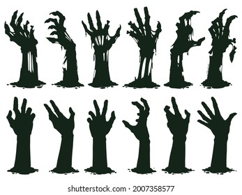 Zombie hands silhouette. Creepy zombie crooked lambs stick out of graveyard ground vector illustration set. Halloween zombie hands. Halloween and nightmare, creepy and evil zombie