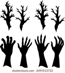 Zombie hands silhouette. Creepy zombie crooked lambs stick out of graveyard ground vector illustration set.