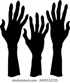 Zombie hands silhouette. Creepy zombie crooked lambs stick out of graveyard ground vector illustration set.