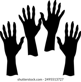 Zombie hands silhouette. Creepy zombie crooked lambs stick out of graveyard ground vector illustration set.