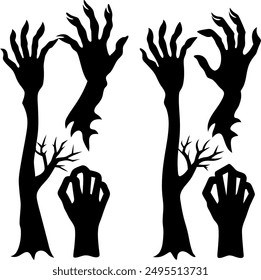 Zombie hands silhouette. Creepy zombie crooked lambs stick out of graveyard ground vector illustration set.