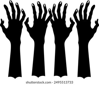 Zombie hands silhouette. Creepy zombie crooked lambs stick out of graveyard ground vector illustration set.