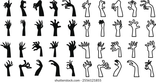 Zombie hands silhouette. Creepy zombie crooked lambs stick out of graveyard ground vector illustration set. Halloween zombie hands. horror scrawny