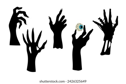 Zombie hands silhouette.   Halloween and nightmare, creepy and evil zombie. Hand-drawn set of vector silhouette zombie hands  on a white background for games, animation or other graphic products. 