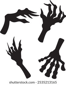 Silueta de manos zombi. Manos terribles de la tumba. Conjunto de diferentes gestos de la mano, la mano del hombre está sosteniendo el hueso. Elementos de diseño para la fiesta de Halloween