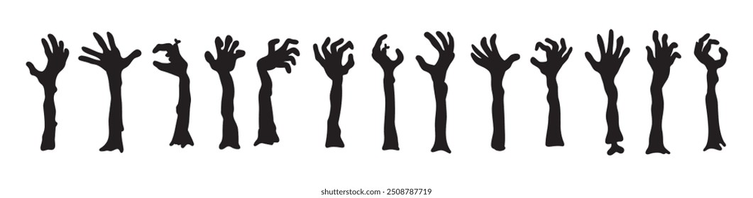 Silhuetas de mãos de zumbis. Decoração de Halloween. Ajuste a mão zumbi de doodle. Ilustração vetorial