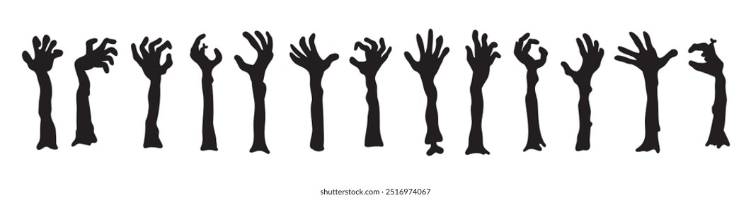 Zombie hands silhouettes. Halloween decor. Set doodle zombie hand. Vector illustration