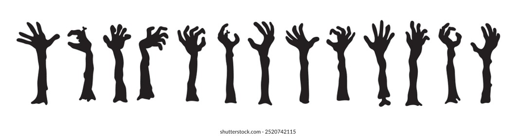 Zombie hands silhouettes. Halloween decor. Set doodle zombie hand. Vector illustration