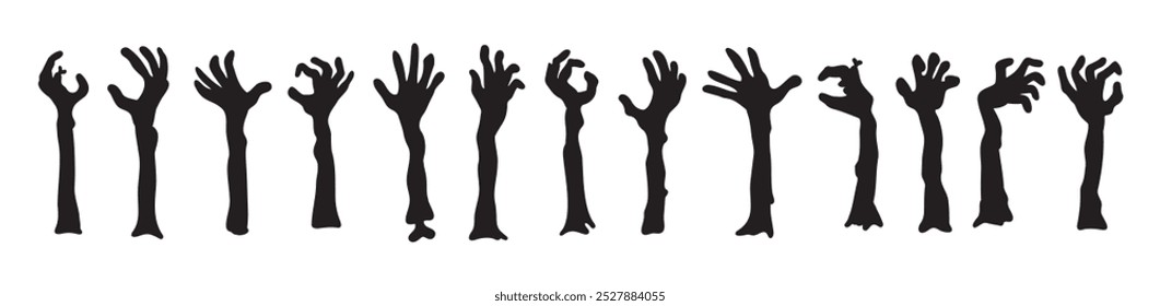 Silhuetas de mãos de zumbis. Decoração de Halloween. Ajuste a mão zumbi de doodle. Ilustração vetorial