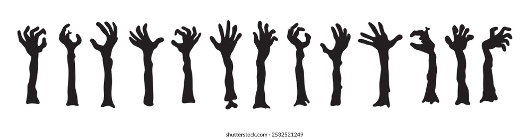 Silhuetas de mãos de zumbis. Decoração de Halloween. Ajuste a mão zumbi de doodle. Ilustração vetorial