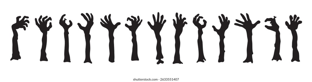 Zombie hands silhouettes. Halloween decor. Set doodle zombie hand. Vector illustration
