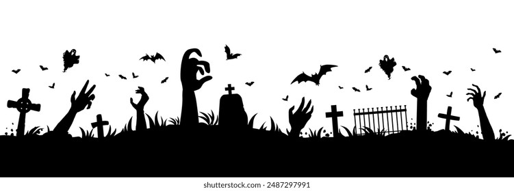 Zombie hands silhouettes on scary cemetery landscape. Autumn horror season, Halloween creepy vector background with zombie or living dead hands silhouettes sticking from underground on cemetery