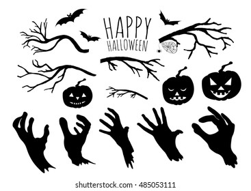 Zombie hands silhouettes, pumpkins, bats, hand drawn tree branches set. Halloween vector illustration isolated on white.