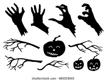 Zombie hands silhouettes, pumpkins, hand drawn tree branches set. Halloween vector illustration isolated on white.