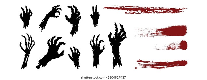 Siluetas de manos de zombi y colección roja de los trazos del cepillo de sangre aislada en el fondo blanco