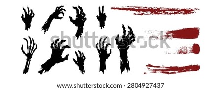 Zombie hands silhouettes and red blood brush strokes collection isolated on white background