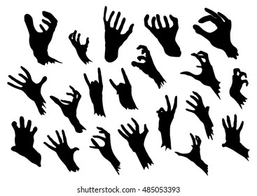 Zombie hands silhouettes set in different gestures. Vector illustration isolated on a white background.