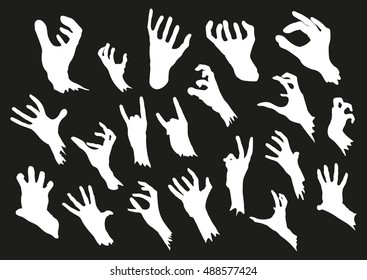 Zombie hands silhouettes set in different gestures. Vector illustration isolated on a black background.