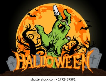 Zombie hands sticking from out the ground. big moon yellow and orange. silhouette dead tree. silhouette bat. crosses in the grave. vector illustration