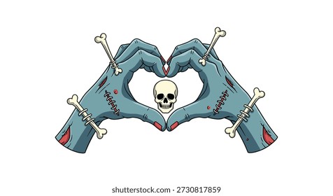 Manos de zombi con puntos y alfileres de hueso formando una forma de corazón con un Pequeño cráneo humano en el centro sobre un fondo blanco.