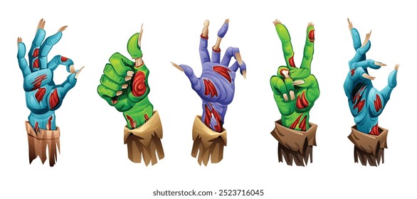 Zombie hands with torn skin, emerging in different horror poses. Vector cartoon illustration